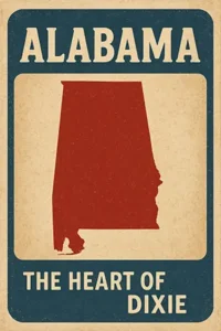 Alabama Roofing Services – The Heart of Dixie Vintage graphic of Alabama featuring a red silhouette of the state and the phrase "The Heart of Dixie"
